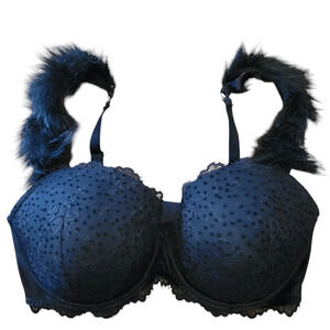 Victoria's Secret Dream Angels Lined Demi Lace Fur Trim Black Bra Size 36DDD